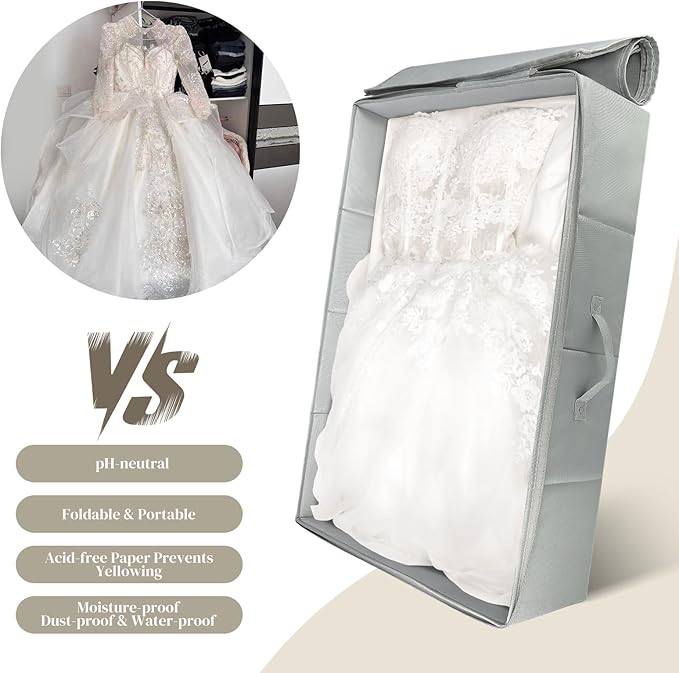 Wedding Dress Storage Box Wedding Dress Preservation Box With 50 Sheets of Acid Free Tissue Paper Microfiber Gloves and Clothing Desiccants Bridal Essentials for WeddingKeepsake (Gray)