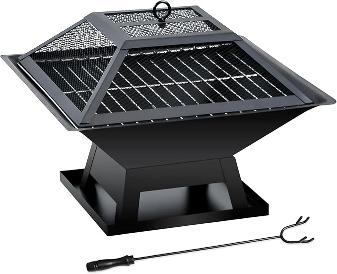 19.8inch Portable Small Fire Pit with a Removable Ash Pan Fire Poker Mesh Lid 2 in 1 Square Outdoor Fireplace for BBQ Outside Heating Bonfire Party Camping Backyard Patio RV Trip