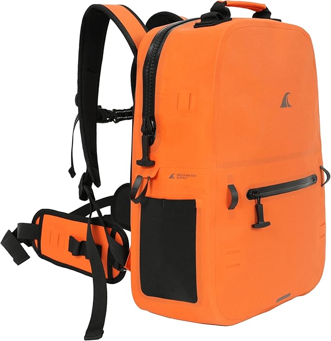 Breakwater Supply™ River Ute Waterproof IP68 Utility Backpack Floating TPU Submersible Dry Bag with Padded Hip Belt and Airtight Zippers | 20L (River Ute 20L Safety Orange)