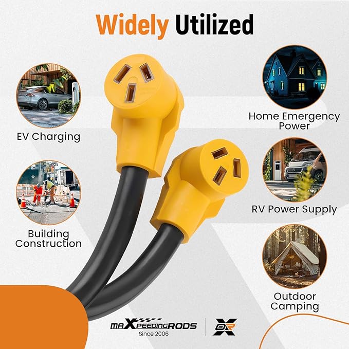 maXpeedingrods 50 Amp Y Splitter NEMA 10-50P to 2X 10-50R 3-Prong 250V Range Cord Adapter for Welder EV Charger Dryer RV STW 6 AWG 3 Feet