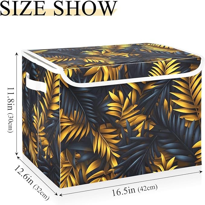 AIXIWAWA Lidded Storage Cube (Gold Palm Leaf) Fabric Foldable Closet Bins with Flip Lid and Handles Organizer Basket Container 16.5 x 12.6 x 11.8 IN