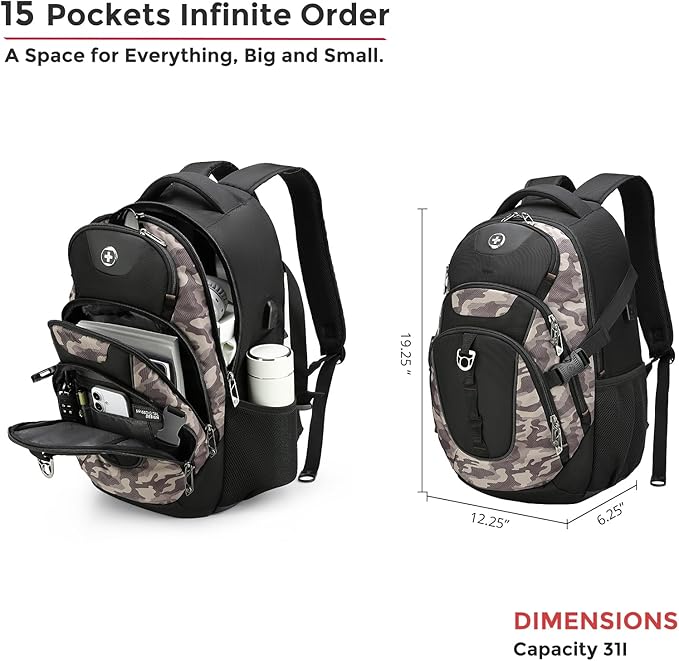 Swissdigital Design Laptop Backpack with USB Charging Port Travel Backpack Fits 15.6 inches Computer 31L College School Backpack for Men Khaki Camo | SD803-94