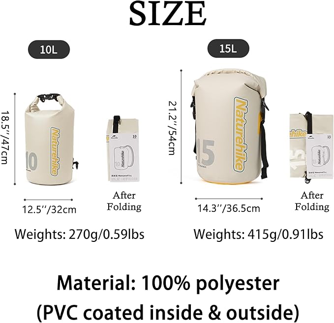 Naturehike PVC Floating Waterproof Dry Backpack 10L/15L Waterproof Pouch with Wider Shoulder Straps Roll Top Waterproof Backpack Sack for Travel Swimming Boating Kayaking Camping (White 10L)