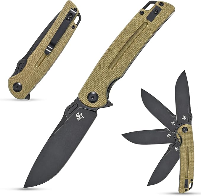 Sitivien ST137 Folding KnifeD2 Satin BladeMicarta Handle EDC Tool Knife for Outdoor Hiking Camping Fishing(Green)