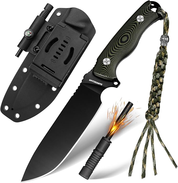 Full Tang Survival Knife YS-X1 - Razor Sharp Fixed Blade with Sheath 8Cr14MoV Steel for Camping &amp Bushcraft Includes Fire Starter &amp Tools