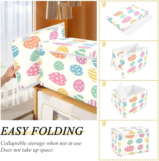 Christmas Storage Baskets with Lids Colorful Easter Eggs Collapsible Bins Stackable Fabric Linen Baskets Closet Organizer Container 16.5x12.6x11.8
