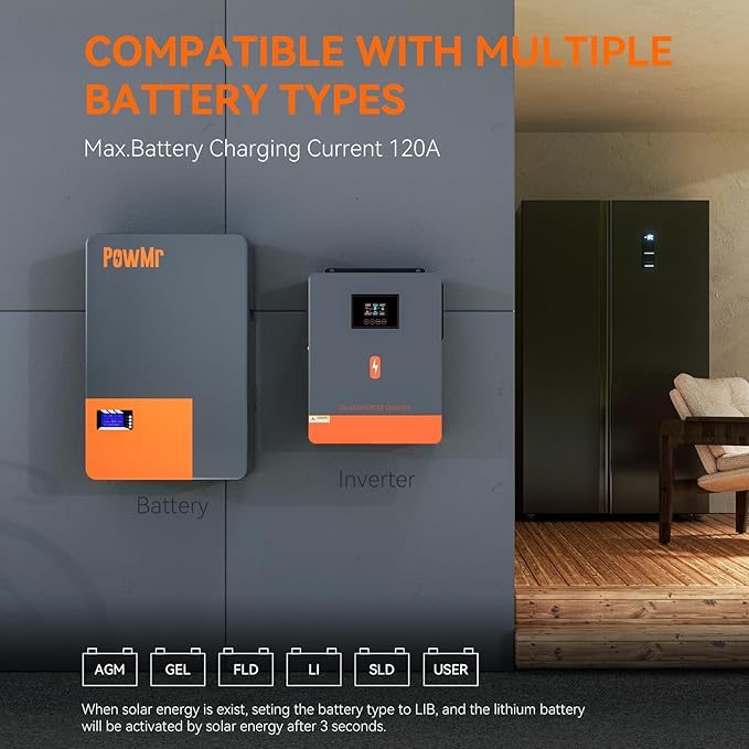 PowMr 4200W Solar Inverter 24VDC to 220-230VAC Off-Grid All-in-One Charger Hybrid Inverter with 120A MPPT Solar Charge Controller Max PV Array 6200W Work for 24V Lead Acid &amp Lithium Battery