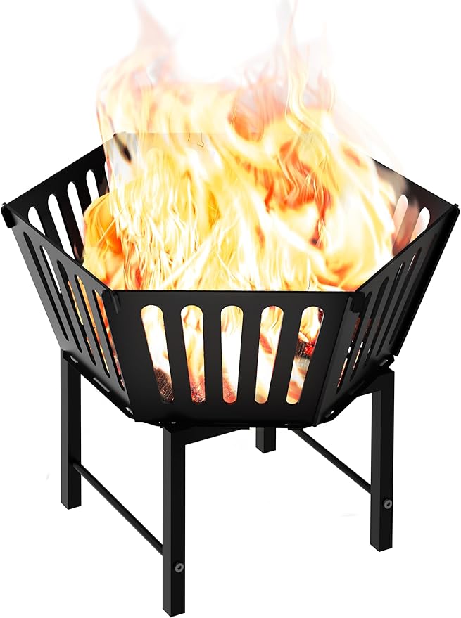 22.5 Inch Portable Hexagon Fire Pit with Travel Bag — Heightened Smokeless Design Outdoor Wood Burning Fire Pit for Camping Backyard Patio Bonfire Picnic and BBQ Vertical Hollow Style