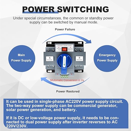 220V 2P 63A Dual Power Automatic Transfer Switch Generator Changeover Switch 50Hz/60Hz with Automatic and Manual Switching Modes