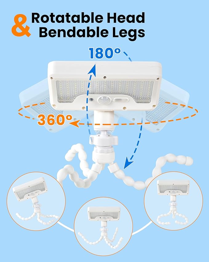 Motion Sensor Outdoor Lights with Flexible Octopus Tripod - 600LM Solar Sercurity Lights Waterproof Dual Charging Solar Ourdoor Light for CampingFence Patio (2Pack White)