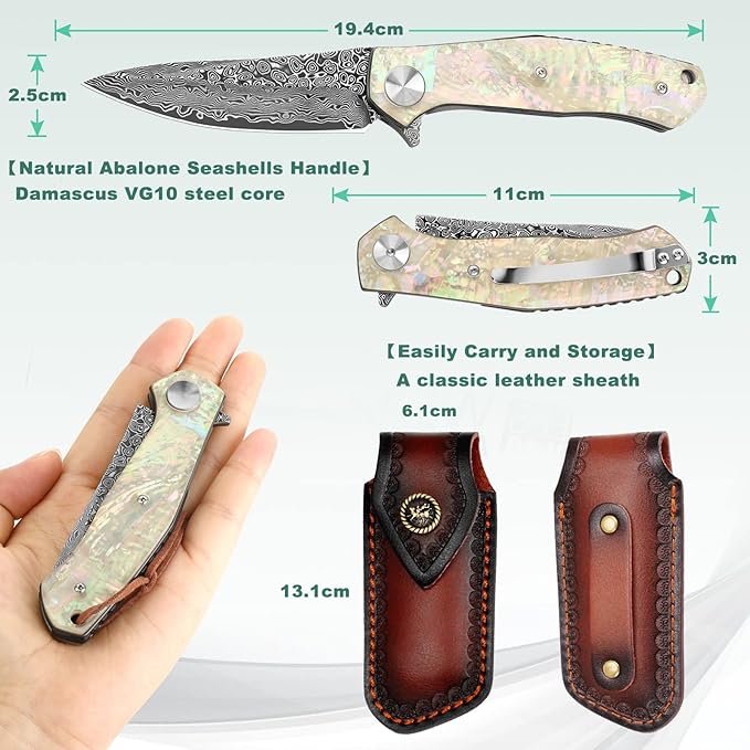 Benkey Damascus Pocket Knife Extremely Sharp VG10 Core Damascus Steel Folding Knives with Clip and Leather Sheath Unique Abalone Seashells Handle Ball Bearing Liner Lock Knife for EDC Men Women