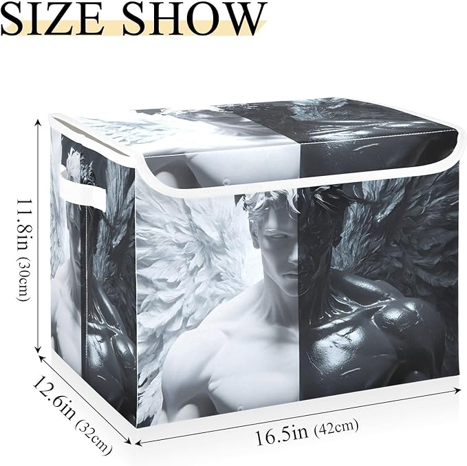 Black and White Angel Storage Cube Bins Basket with Lid Collapsible Flip-top Fabric with Handle for Home Bedroom Closet Office 16.5×12.6×11.8 in