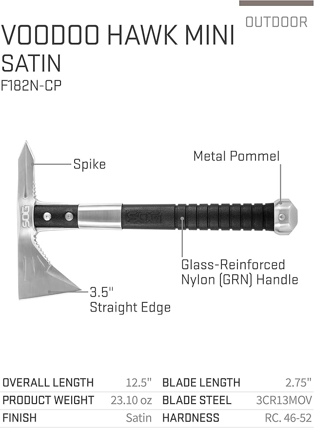 SOG Tactical Tomahawk- Throwing Hatchet Versatile Survival Tactical Axe &amp Tomahawk Tactical Hatchet - Voodoo Hawk Mini Tactical Axe Throwing Hatchet w/ 2.75 Inch Blade for Survival Sports