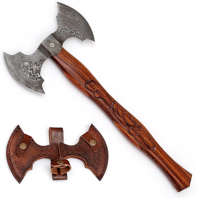 Armory Replicas™ Nightmare Blade of Ragnheidr Damascus Steel Axe – Double Headed Hand Forged with Sheesham Wood Handle Floral Carving &amp Leather Sheath