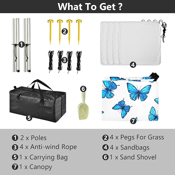 Beach Canopy with Windproof Ropes &amp Sandbags Beach Tent Sun Shade Sun Shelter for Camping Trips Fishing Backyard Fun or Picnics Blue Butterfly