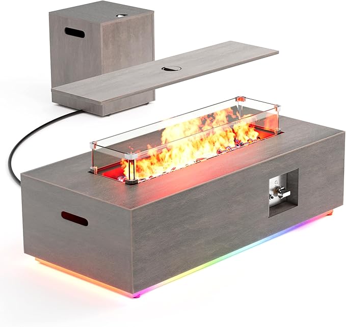 42 Outdoor Fire Pit Table 50000 BTU Gas Fire Pit with Glass Wind Guard Fire Stones Waterproof Cover Propane Fire Pit Table for Outside Patio (RGB Light Brown)