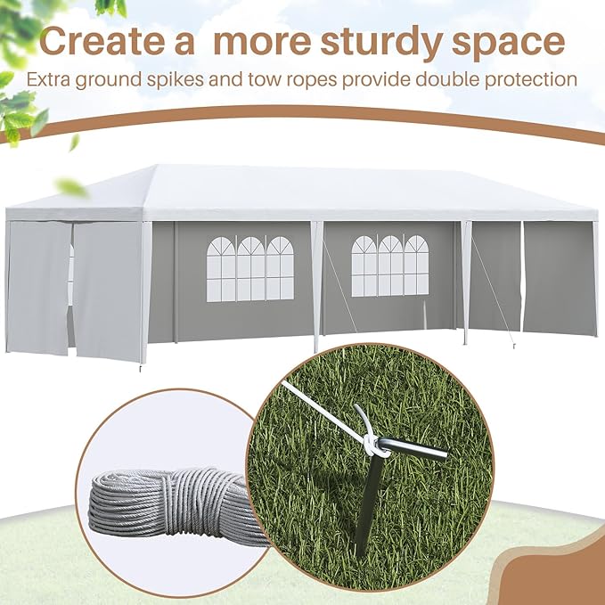 Greesum 10x30 Outdoor Canopy with with 6 Side Removable Walls Upgrade Patio Camping Heavy Duty Gazebo Shelter for Party Wedding BBQ Events Waterproof Tent White