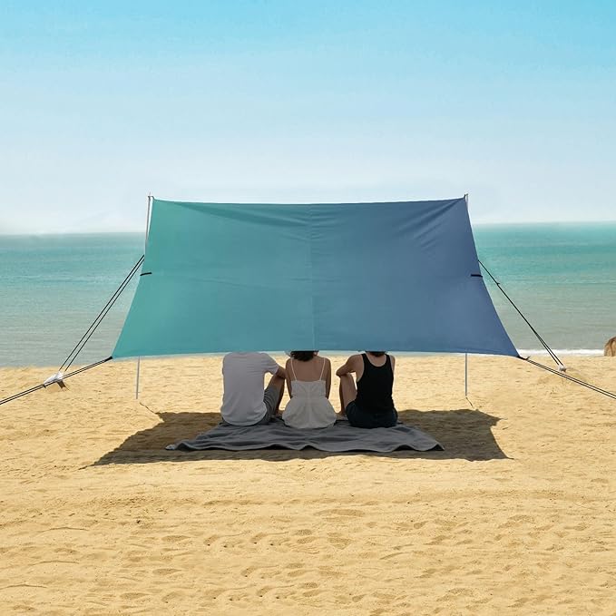 Blue Gradient Beach Cabana UPF50+ Protection Easy Setup Large Portable Sun Shelter Includes Sand Shovel Sandbags Stability Poles for Camping Picnics Backyard &amp Fishing