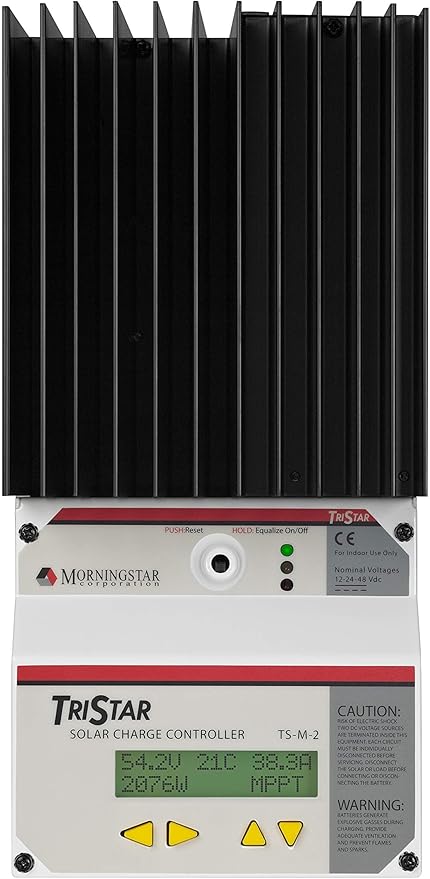 Morningstar TriStar 60A MPPT Solar Charge Controller (TS-MPPT-60M) - Solar Panel Regulator w/ Meter for 12/24/36/48V LA/Li Batteries 99% Efficiency FCC Comp. Data/Comms 5 Yr. WTY Designed in USA