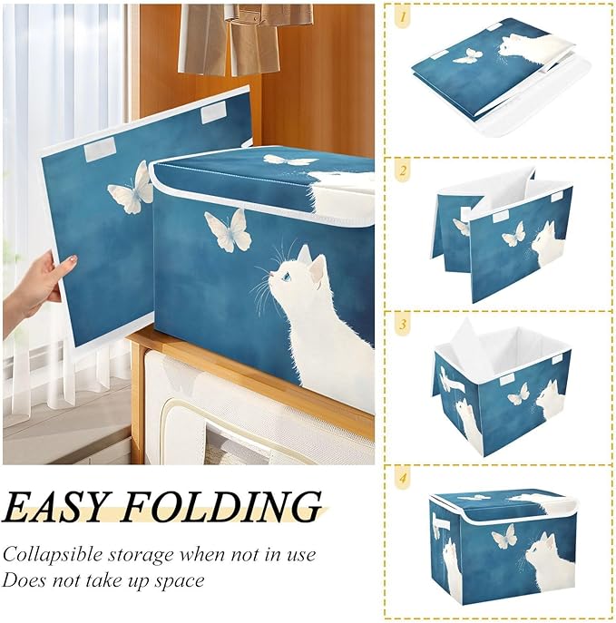 White Cat Butterfly Storage Cube Bins Basket with Lid Collapsible Flip-top Fabric with Handle for Home Bedroom Closet Office 16.5×12.6×11.8 in