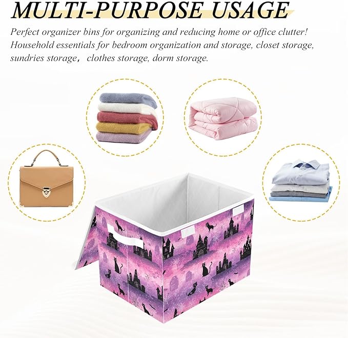 Pink Halloween Castles Cat Tombstones Storage Box with Lid 1 PC Foldable Storage Bin with Lids Stackable Storage Bins Cube Closet Organizer Basket with Flip-Top Lid &amp Handles for Shoes Bo