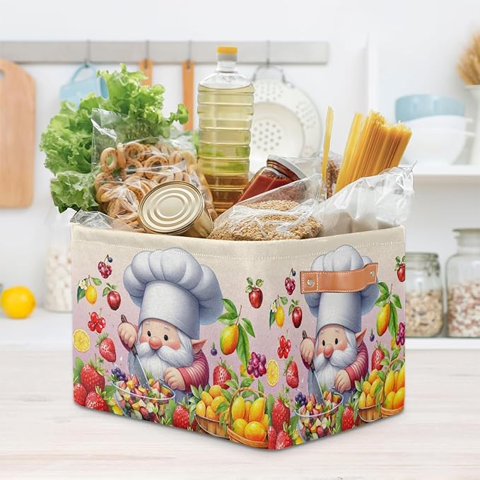 Pardick Cute Gnome Friut Basket Storage Bins Large Fabric Toys Storage Cube Box with Handles Collapsible Closet Shelf Cloth Organizer Basket for Nursery Bedroom Bathroom Holiday Gift