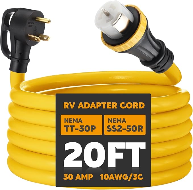 20ft 30 Amp to 50 Amp RV Locking Adapter Cord Compatible with NEMA TT-30P Male to SS2-50R Locking Female Power Dog Bone Plug for RV Trailer Camper STW 10 AWG/3C