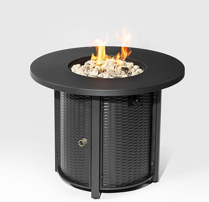 32'' Round Gas Fire Pit 50000 BTU Steel Outdoor Fire Tables Fire Table with Lid Add Warmth &amp Ambience to Gatherings and Parties On Patio Deck Garden Backyard Black.