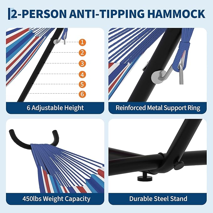 Double Hammock with Stand Hammock Wih Space Saving Steel Stand and Carrying Case 2 Person 450 Lb Capacity for Indoor Outdoor Patio Yard