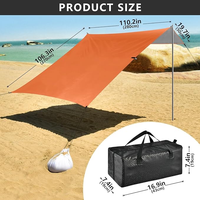 xigua Orange Beach Tent Sun Shelter with Carrying Bag - Silver Coated Oxford Fabric Beach Canopy for Beach Camping Fishing - Includes Windproof Ropes Sandbags &amp Stakes