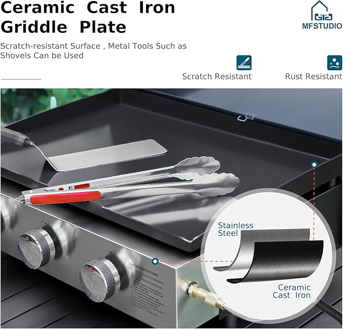 MFSTUDIO Flat Top Grill with Ceramic Coated Cast Iron Griddle 3-Burner Propane Gas BBQ Griddle Grill Outdoor Barbecue Grill33000 BTUBlack