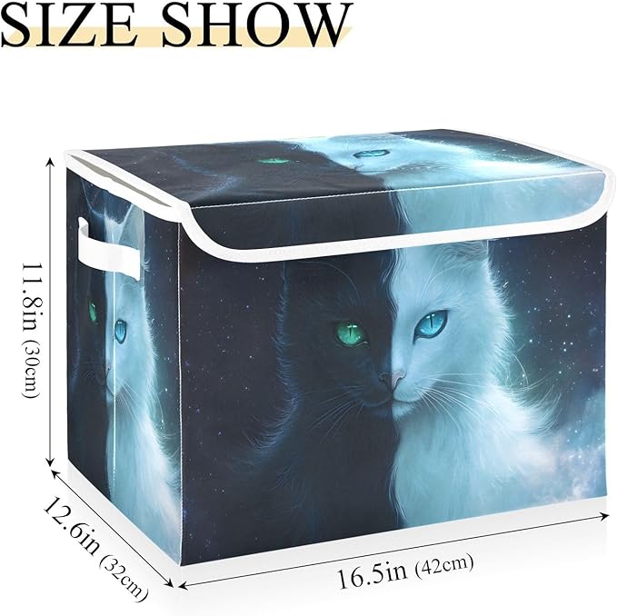 Two Face Cat Storage Cube Bins Basket with Lid Collapsible Flip-top Fabric with Handle for Home Bedroom Closet Office 16.5×12.6×11.8 in