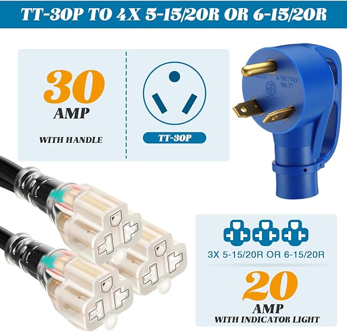 Kanayu 30A to 110V 15/20A RV Generator Adapter Cord Compatible with NEMA TT-30P to 3 x 5-15R/5-20R or 6-15/6-20R 3 Prong Generator Plug to 3 Prong 15/20A Household Regular Connector 2FT ETL Listed