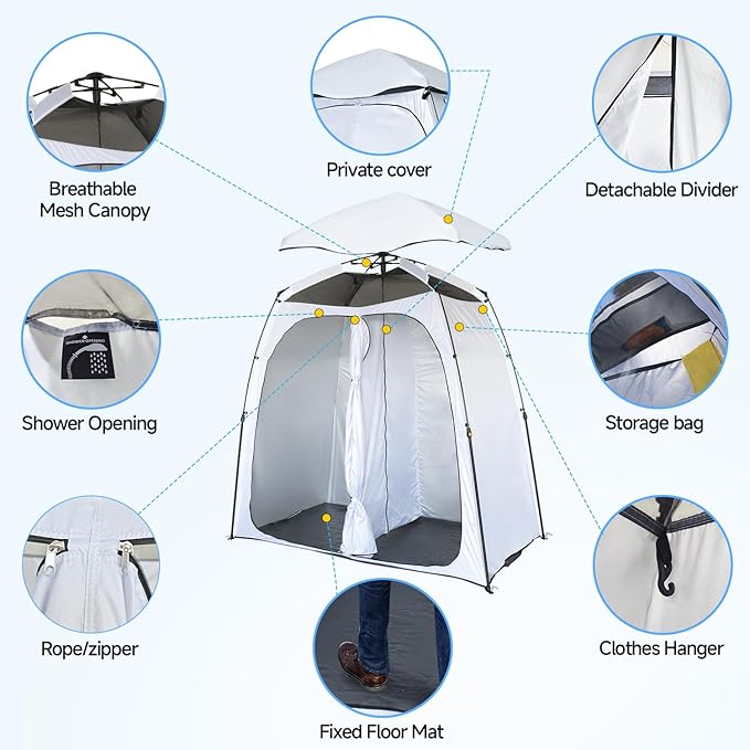 EighteenTek® Upgraded Pop Up Shower Tent 2-Room Changing Tent Privacy Shelter with Floor &amp Dual Doors Portable Camping Toilet &amp Bathroom Tents 83 x 47 x 77.6H