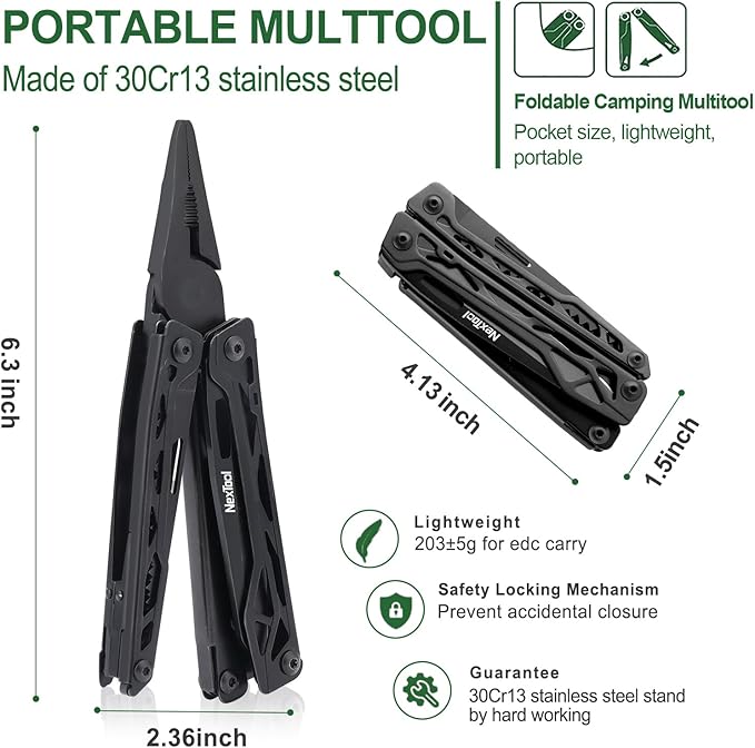 NexTool Multitool 11 in 1 Multi Tool with Needle Nose Pliers Scissors and Screwdriver Bits Stainless Steel Multi Tool Pocket Knife with Safety Locking for CampingFishingHiking Mens Gifts Unique