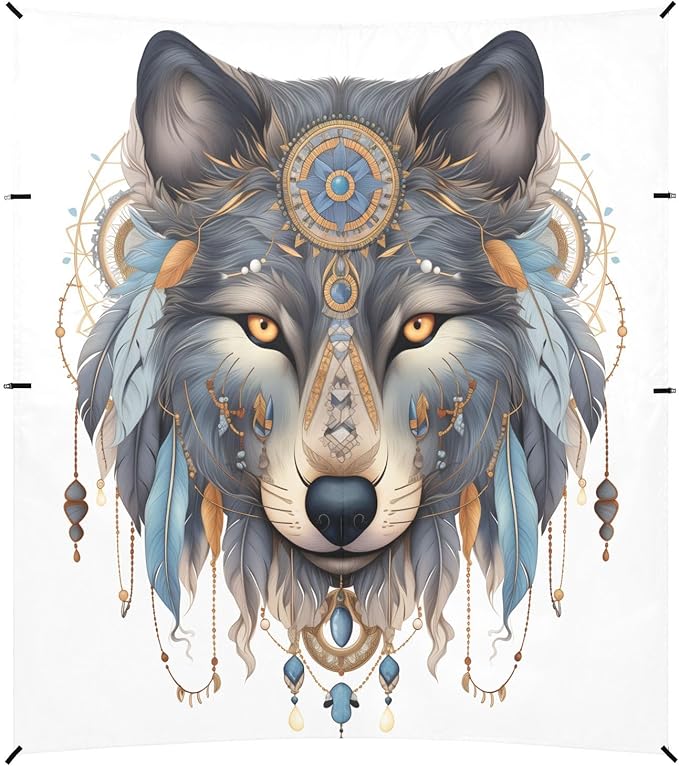 ALAZA Wolf Boho Dreamcatcher Beach Tent Sun Shelter UPF50+ Protection Beach Shade Canopy w/ 4 Sandbags for Outdoor Camping Fishing Backyard Fun Picnic 10x9 ft
