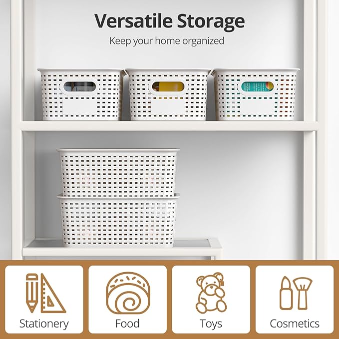 Plastic Storage Basket with Lid Stackable Small Box Bins for Organizing and Containers for Shelves Drawers Desktop Closet Playroom Pantry Classroom Office Home 8 Pack 10.2x7.2x4.1 Inch White