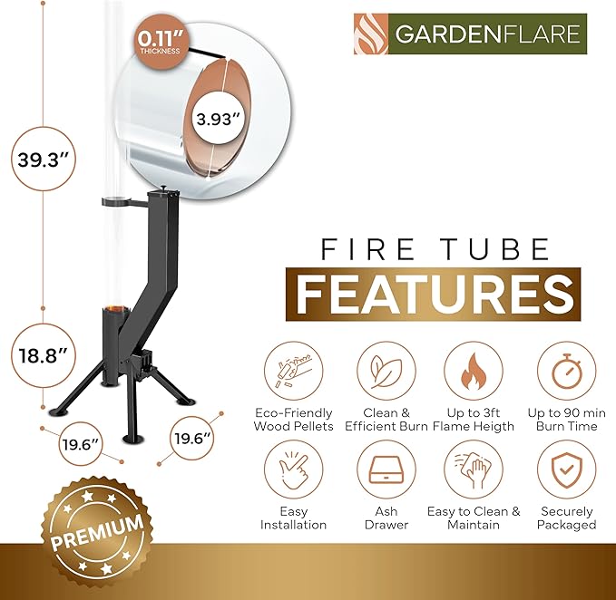 GARDENFLARE Stainless Steel Pellet Stove &amp Smokeless Firepit Patio Heater for Ambiance - Fire Pit for Patio Fire Tube Outside Backyard Bonfire &amp Outdoor Fireplace (Matte Black Premium)