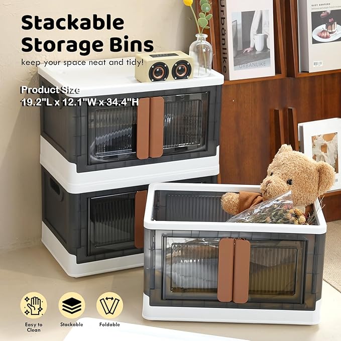 AJP Distributors 6 Pack of 8.5 GAL Stackable Storage Bins with Lids Plastic Collapsible Totes Folding Box Storage Containers Stacking Wardrobe Closet Organizer For Home Office Clothing Books