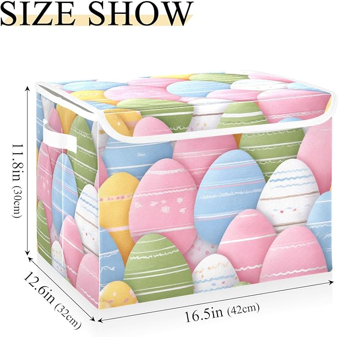 Cute Colorful Easter Eggs Storage Box with Lid 1 PC Foldable Storage Bin with Lids Stackable Storage Bins Cube Closet Organizer Basket with Flip-Top Lid &amp Handles for Shoes Books Towels