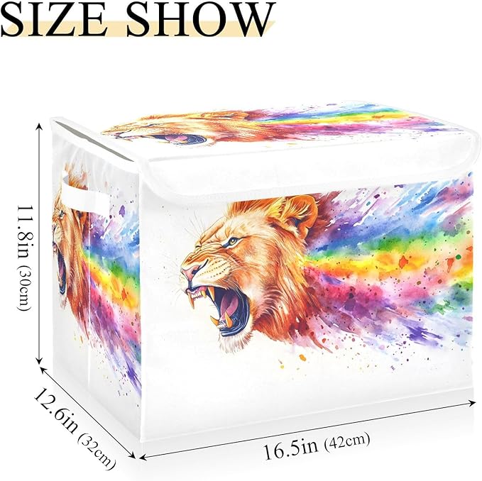 AIXIWAWA Lidded Storage Cube (Lion and Rainbow) Fabric Foldable Closet Bins with Flip Lid and Handles Organizer Basket Container 16.5 x 12.6 x 11.8 IN