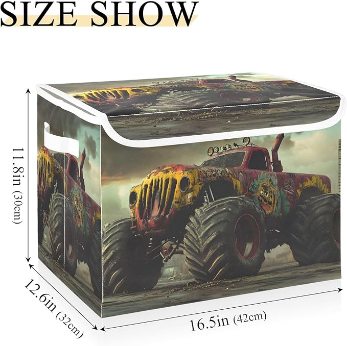 AIXIWAWA Lidded Storage Cube (Retro Monster Truck) Fabric Foldable Closet Bins with Flip Lid and Handles Organizer Basket Container 16.5 x 12.6 x 11.8 IN