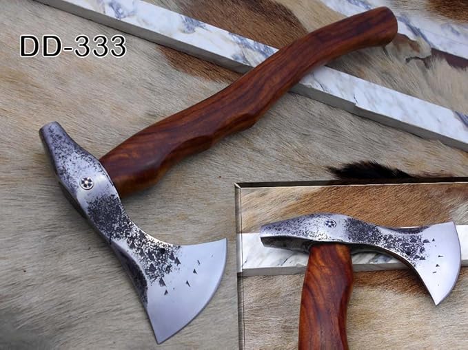 Damascus Depot Camper Axe 14 Inches Long Hand Forged Carbon Steel with Rose Wood Round Handle Bearded Hiking Battle Axe Thick Cow Hide Leather Sheath