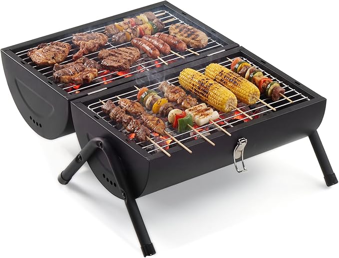 Outvita Portable Charcoal Grill with Thermometer Dual-Sided Small Tabletop Barbecue Grill for Outdoor Camping BBQ Cooking Backyard Party Heavy Duty Easy Assembly (Black)
