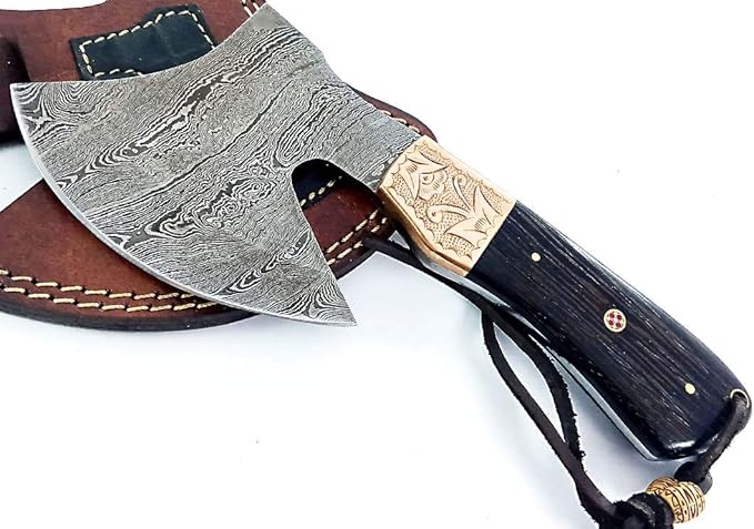 Dessi Handmade Damascus Steel Axe Hatchet Wenge Wood Handle Brass Engraved Bolster Leather Sheath Camping Bushcraft EDC Tomahawk Gift Men SM45