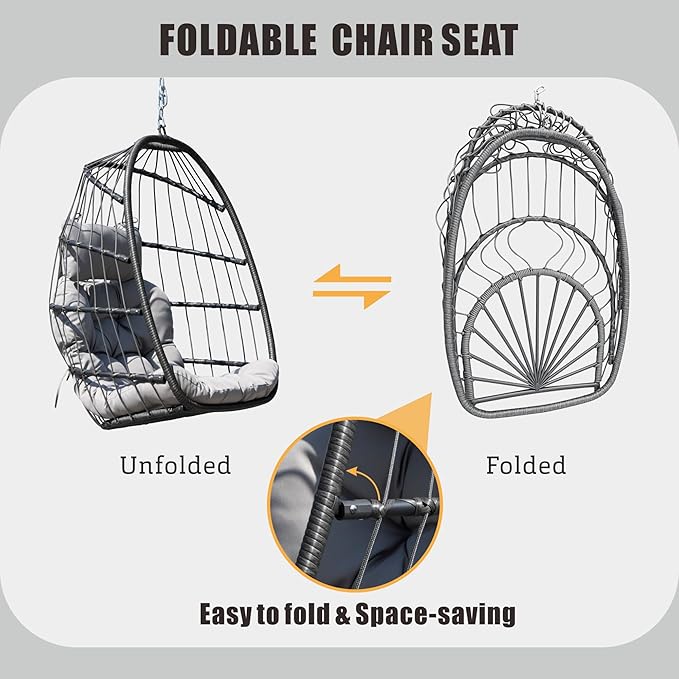 HWB Hanging Egg Chair with Stand Patio Wicker Egg Swing Chair with Cushion for Bedroom Garden Indoor Outdoor (Grey)