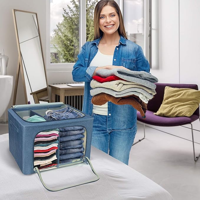 Sorbus Storage Bins with Divided Interior - Large Stackable &amp Foldable Organizer Containers with Metal Frame Oxford Fabric Large Window &amp Carry Handles - Organization for Bedroom Linens &am