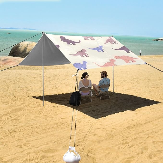 ALAZA Doodle Dinosaurs Dino Beach Tent Sun Shelter UPF50+ Protection Beach Shade Canopy w/ 4 Sandbags for Outdoor Camping Fishing Backyard Fun Picnic 10x9 ft