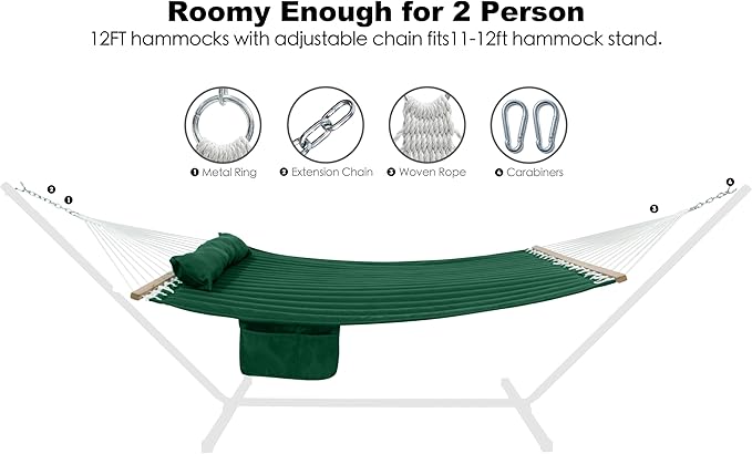 GAFETE Hammock 2 Person Quilted Fabric Hammocks for Outside Double 12ft Hammocks with Spreader Bar Large Removable Pillow Storage Bag Carabiners Max 475 lbs Capacity (Night Green)