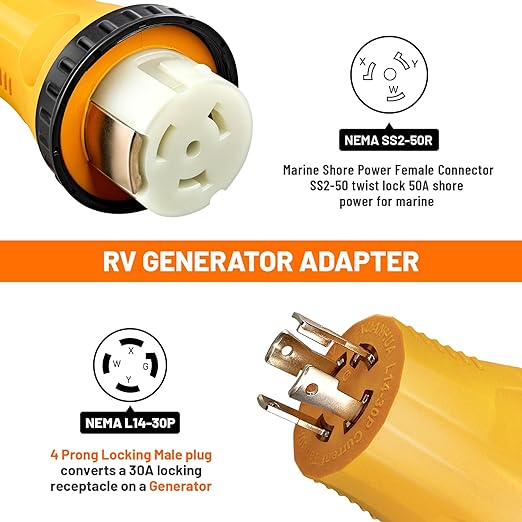MECMO NEMA L14-30P to SS2-50R RV Marine Power Generator Adapter 30A 4 Prong Twist Lock Generator L14-30P Male to 50A Marine Shore Power SS2-50R Female with Locking Ring 125V/250V